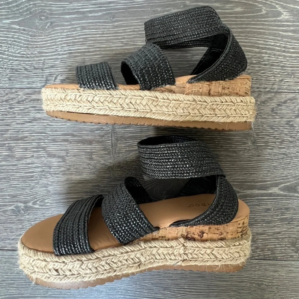 Bamboo Cork Espadrille Wedge Sandals with Black knitted straps. Womens Shoe 6.5